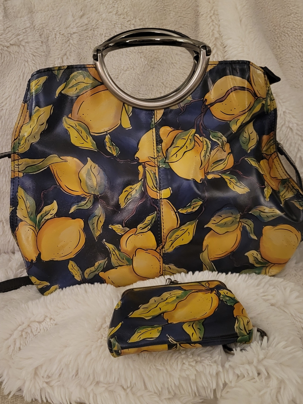 Patricia Nash Navy and Yellow Lemon Print Tote with Matching Pouch